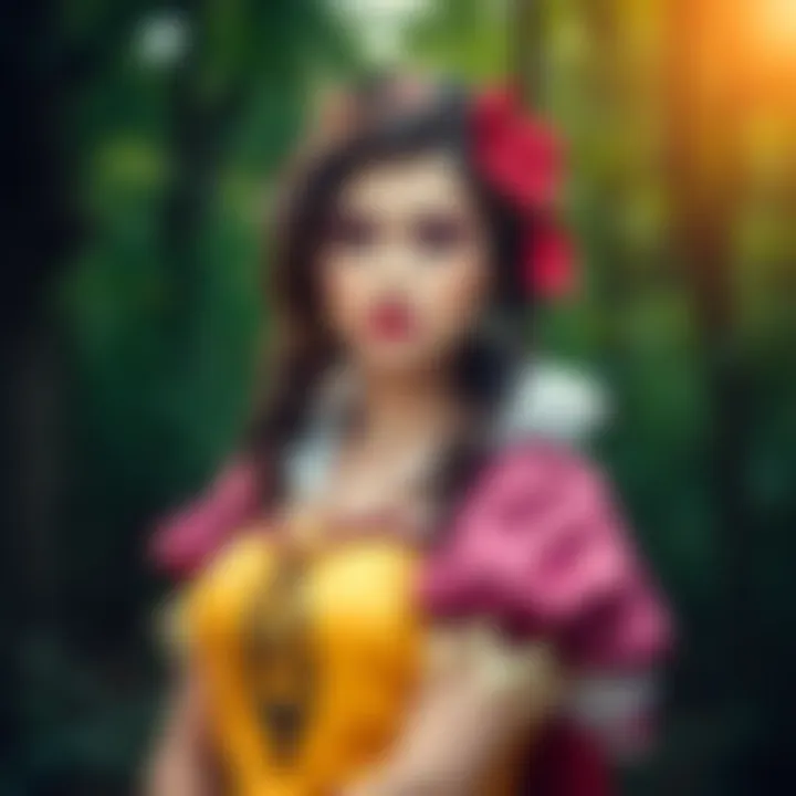 Nerissa dressed as Snow White, showcasing her beautiful costume and makeup, with a forest background