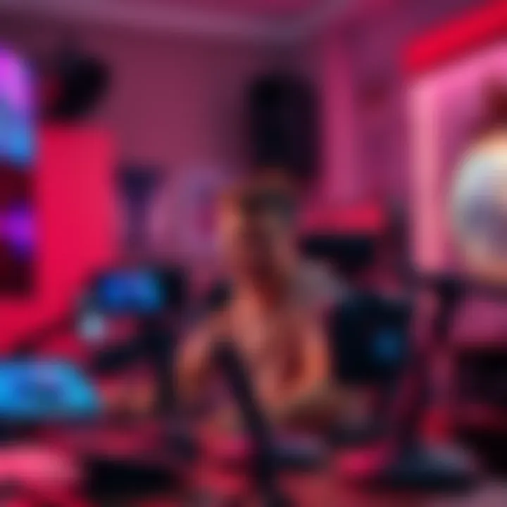 A person sitting at a desk with a camera and microphone, looking excited and anxious, surrounded by streaming setup gear, ready for their first live stream.