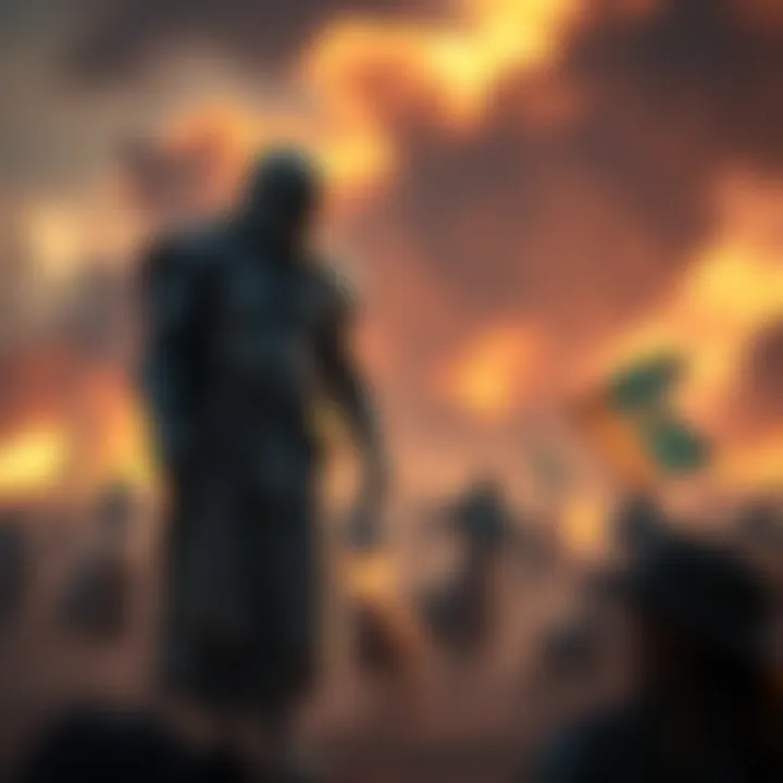 Netero stands with Meleoron, discussing their strategy for a surprise attack against the King, with an intense battlefield in the background.