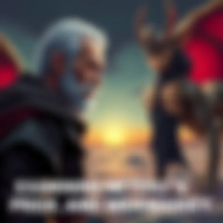 A tense scene where Netero, an older man with a determined expression, stands facing Meruem, a young-looking humanoid creature with a regal posture. The background shows a battle-torn landscape, symbo...