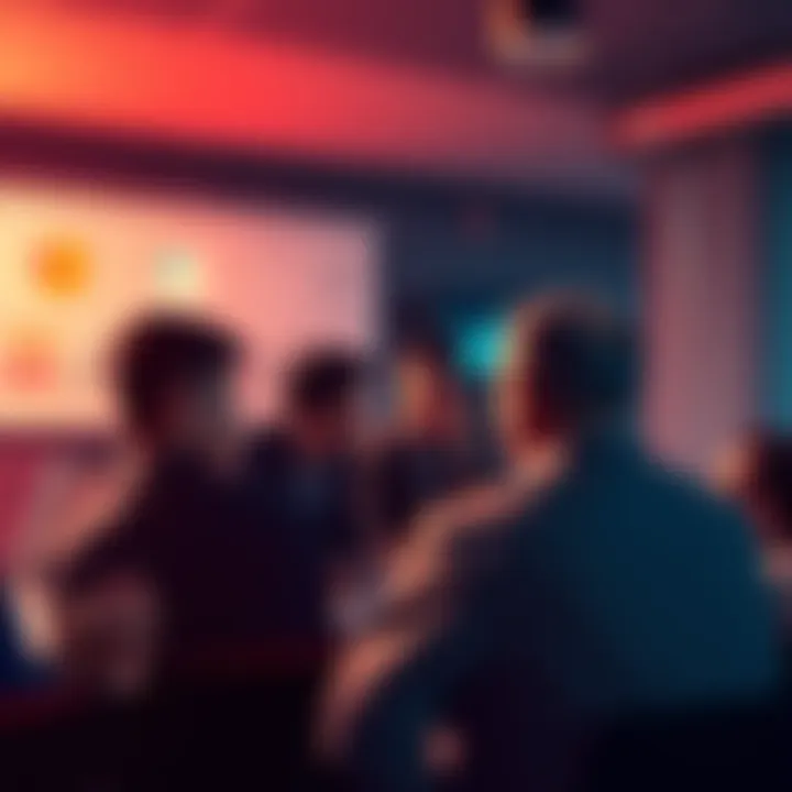 A group of people discussing new agendas and strategies after a recent chapter update, with visual aids like charts and graphs in the background.