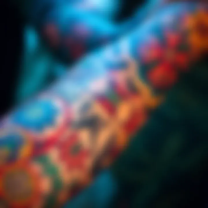 New Arm Tattoo Design A close-up view of a colorful arm tattoo featuring intricate patterns and symbols, showcasing the artistic design.