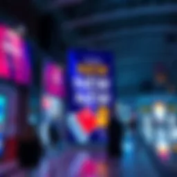 A modern banner showcasing vibrant graphics and text in a public space, drawing the attention of passersby.