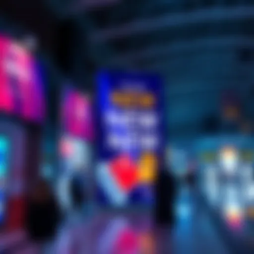 A modern banner showcasing vibrant graphics and text in a public space, drawing the attention of passersby.