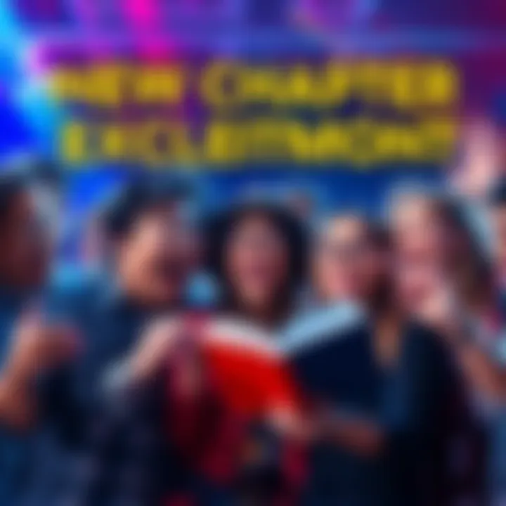 A group of excited fans eagerly discussing a new book chapter with bright expressions and animated gestures.