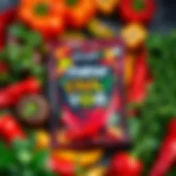 A colorful package of new chili yor surrounded by fresh ingredients like peppers and herbs