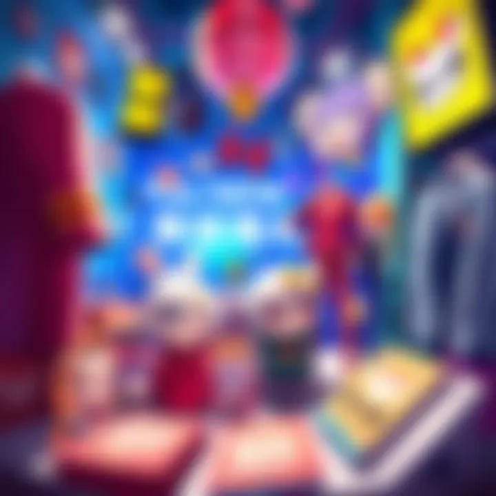 A colorful display of new FuwaMoco merchandise featuring various designs and characters, attracting fans' attention.