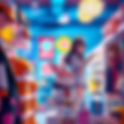 Colorful display of new merchandise showcasing the characters Misao, Fusae, and Elena