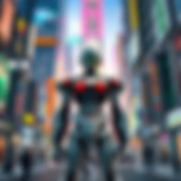 A robot character from Patlabor stands in a futuristic city, showcasing a vibrant game atmosphere.
