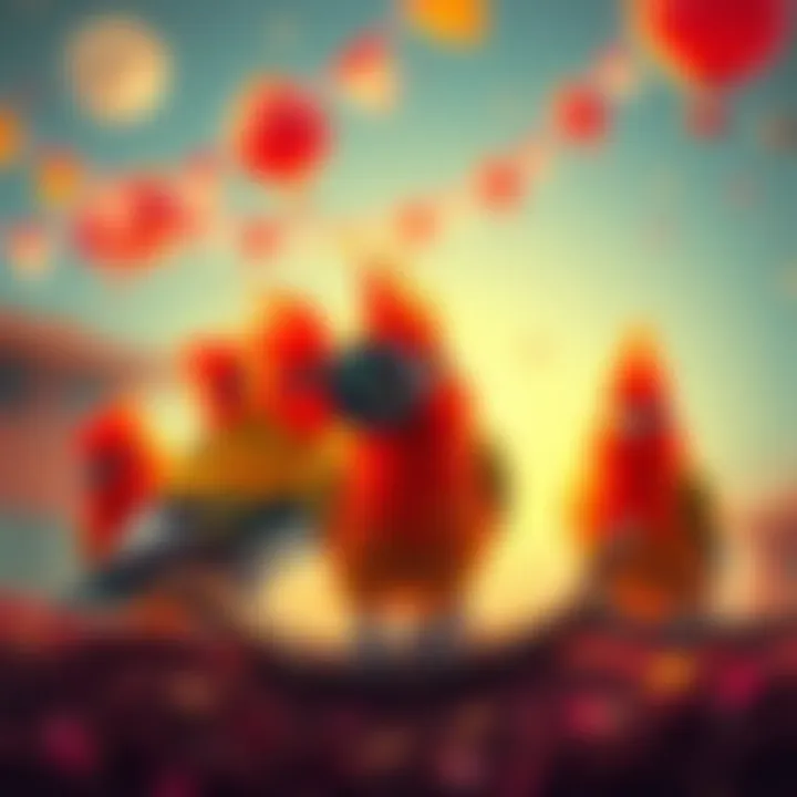 New Shadow Style birds in bright colors capturing curses with a camera lens in a playful setting