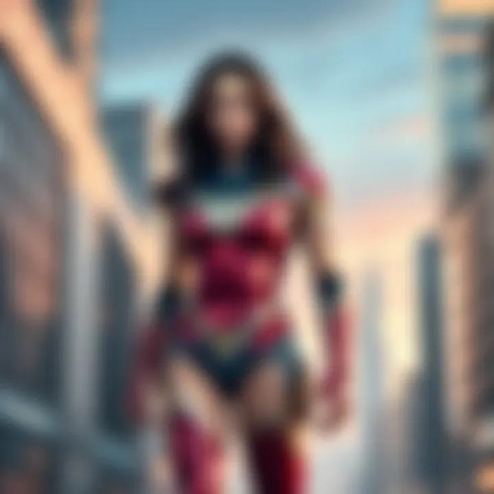 New Absolute WonderWoman in Action The new Absolute WonderWoman stands confidently in a vibrant superhero outfit, showcasing her strength and modern design, while a backdrop of a city highlights her dynamic presence.
