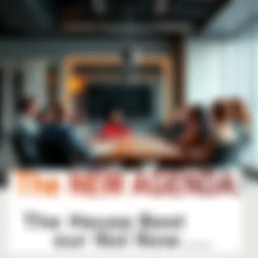 A group of diverse people discussing a new agenda in a modern conference room.