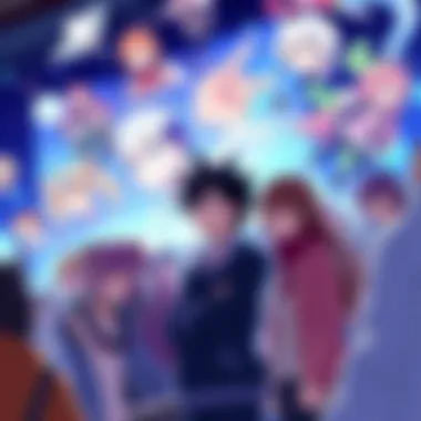 Fans speculating about new and returning characters in upcoming anime arcs, surrounded by animated visuals.