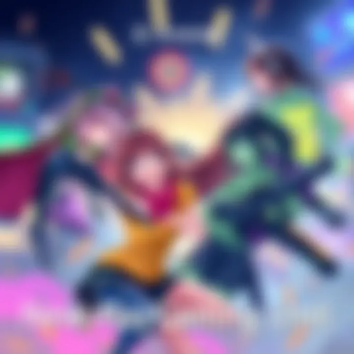 A colorful illustration featuring diverse female gaming characters in an action-packed scene, showcasing excitement and engagement in gaming.