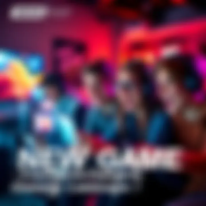 A group of excited gamers playing the new game together in a lively setting