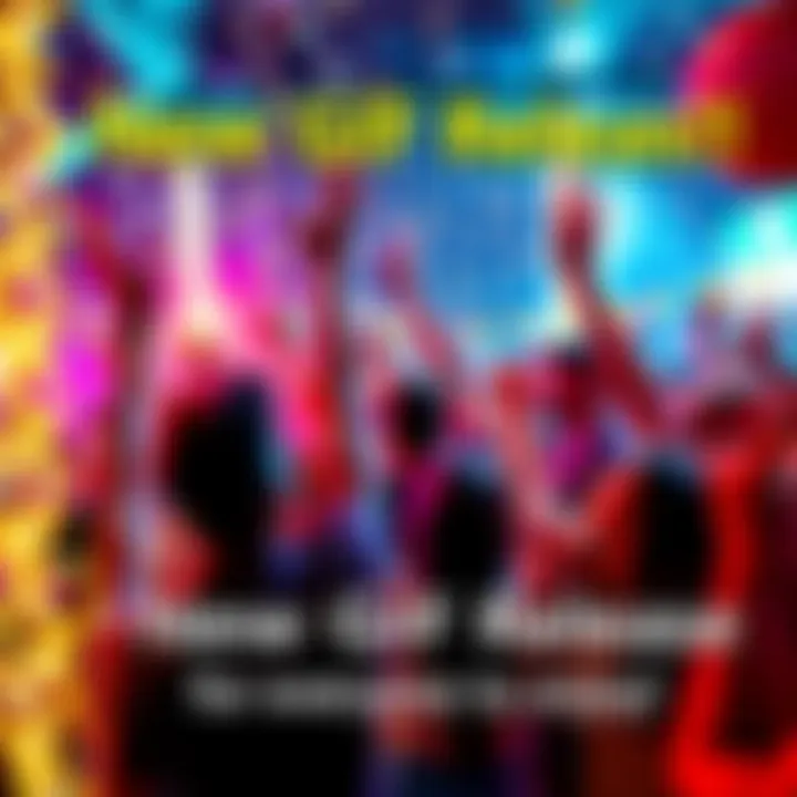 A colorful graphic featuring people reacting joyfully to a new GIF, with animated elements that convey excitement and fun.