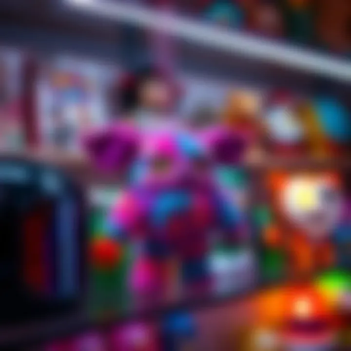 A colorful hange plush toy displayed on a shelf with other collectibles