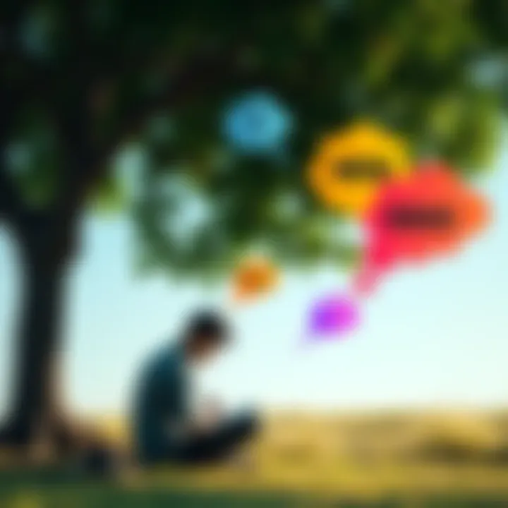 A person sitting under a tree, writing in a notebook as colorful thought bubbles with fresh ideas float above them.