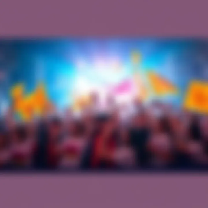 A group of excited fans celebrating the launch of a new Jpop group with colorful banners and merchandise.