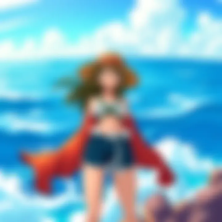 An illustration of the new Nami character in One Piece, standing confidently with a vibrant ocean backdrop, showcasing excitement and adventure.