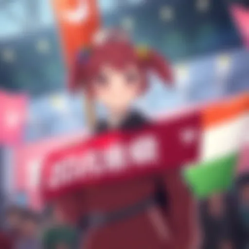 Acchi Kocchi stands proudly with a party banner, smiling and ready to contribute to the team.