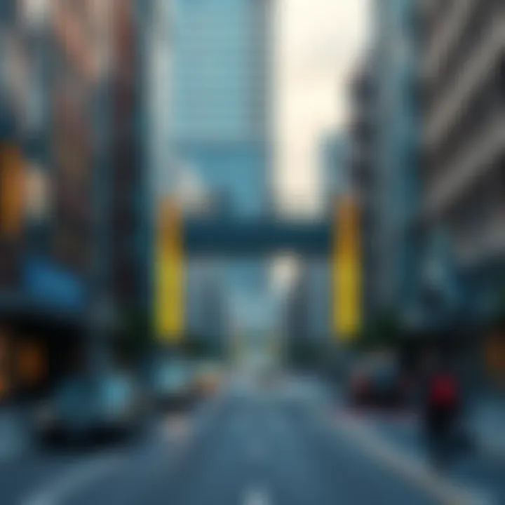 A newly constructed pedestrian overpass connecting two sides of a busy street with people walking on it