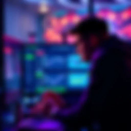 A new player looks at game strategy tips on a computer screen, showing charts and advice from experienced players.
