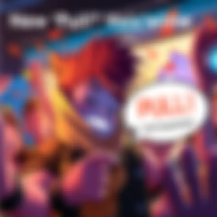 A character from a game appears excited with a speech bubble showing 'PULL'. Fans are reacting positively around them.