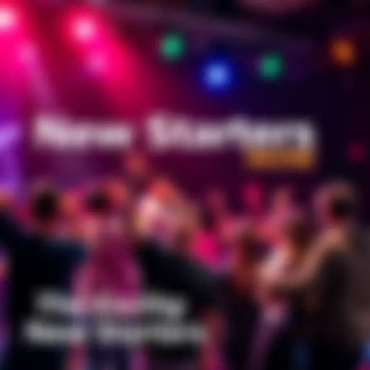 A diverse group of new starters showcasing their talents and skills in various fields, with an energetic atmosphere.