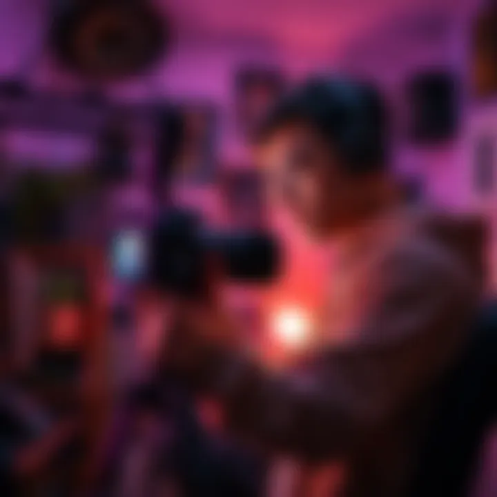 A new streamer adjusting their camera and microphone while looking focused and determined in a small home studio