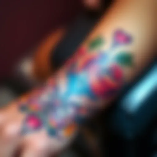 A close-up showing a colorful tattoo on someone's forearm, symbolizing love with intricate designs and heartfelt elements.
