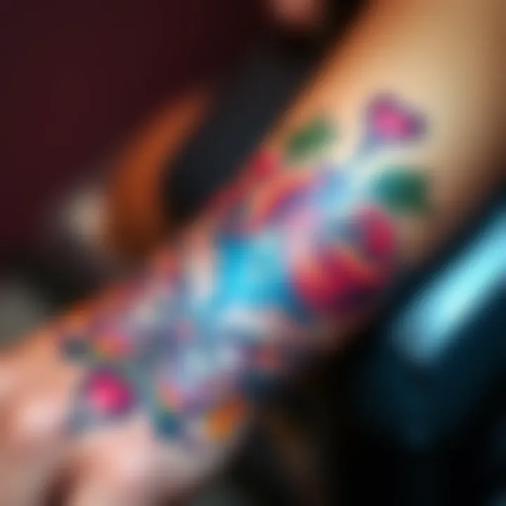 A close-up showing a colorful tattoo on someone's forearm, symbolizing love with intricate designs and heartfelt elements.