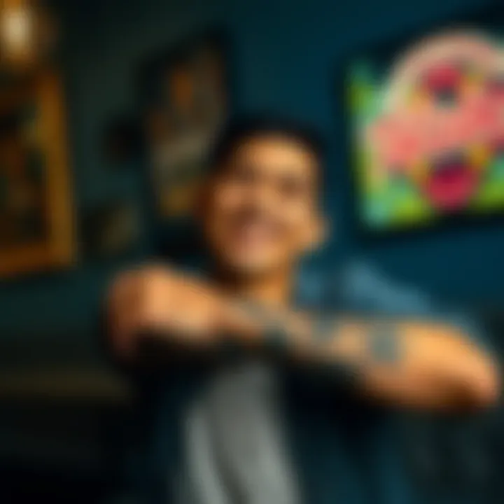 Person showing off their new tattoo on arm, smiling with joy