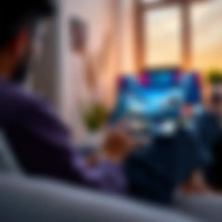 A person sitting on a couch scrolling through a streaming service on their tablet, looking for new adventure shows after binge-watching.