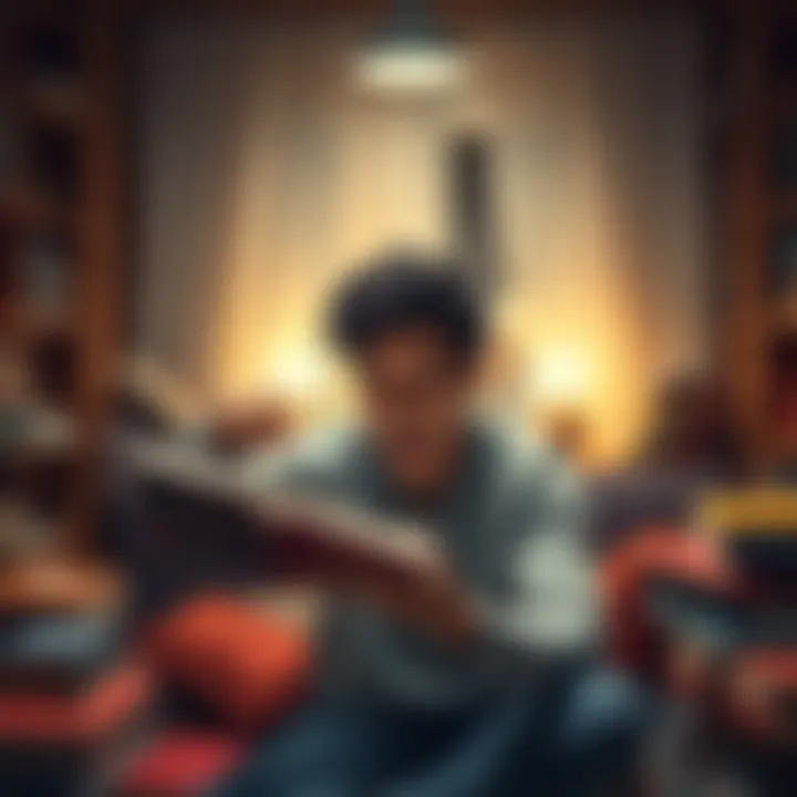 A person holding a new book with excitement, surrounded by other books in a cozy room