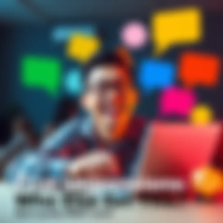 A person excitedly typing their first forum post with a smile, surrounded by colorful speech bubbles representing community engagement