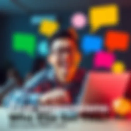 Newcomer shares first post excitement A person excitedly typing their first forum post with a smile, surrounded by colorful speech bubbles representing community engagement