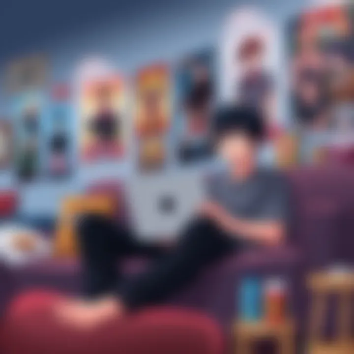 A person sitting on a couch with a laptop, watching FMA: Brotherhood, showing excitement and curiosity, surrounded by anime posters and snacks.