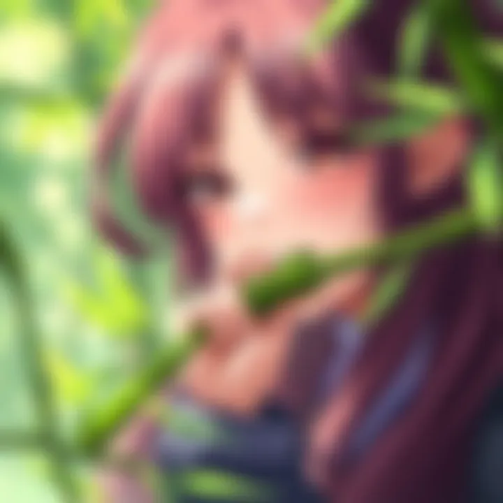 A character with long hair biting a piece of bamboo, surrounded by greenery.