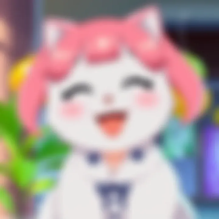 Nezuko, a cute anime character with pink hair and a bamboo muzzle, smiles adorably with a playful expression