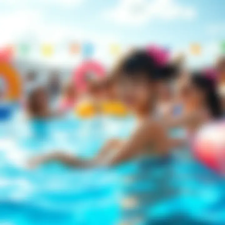 Nezuko enjoying the sun at a lively pool party with friends, surrounded by colorful floats and splashing water.