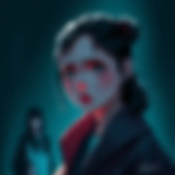 Nezuko looks troubled with a shadowy figure in the background, hinting at manipulation by Muzan.