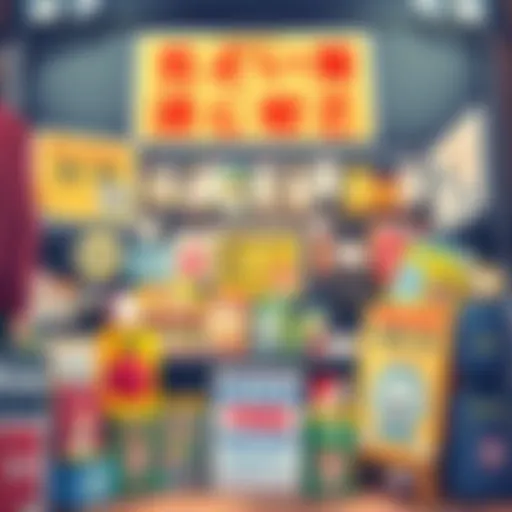 A colorful display of various anime items for sale, including Nichijou, with price tags, inviting people to haggle, and a sign for free shipping on orders over $50