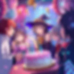 Nico Wakatsuki, the Witch of Thousands, celebrating her birthday with friends and a cake, surrounded by magical sparks and colorful decorations.
