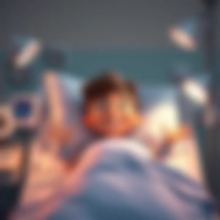 A cartoonish character named Nicolas lying in a hospital bed, smiling and making funny gestures with medical equipment around him, showing a light-hearted hospital scene