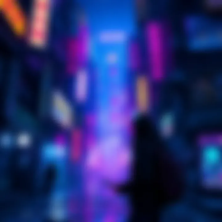 A scene depicting a character exploring the vibrant night city, filled with colorful lights and shadows.