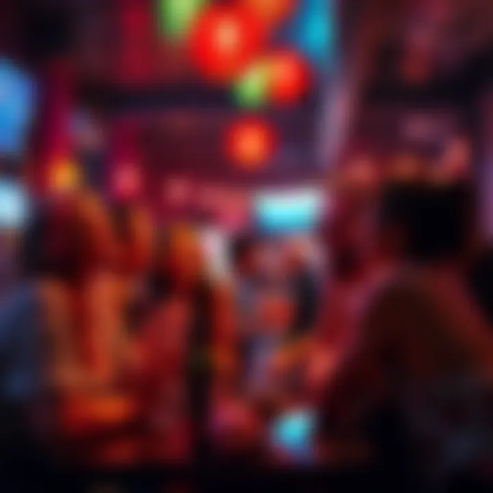 Group of friends enjoying a lively evening at a trendy bar with Kiyomides, vibrant lights and laughter all around.