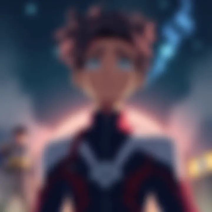 Nighteye stands with a worried expression, gazing into the distance as he struggles to see the future clearly. He is surrounded by a hazy vision of All Might and Midoriya in training.