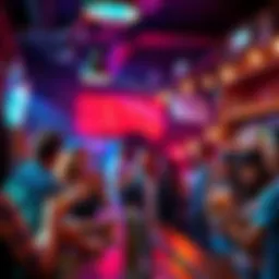 A lively scene of people socializing in a trendy bar, with drinks in hand and bright lights overhead, showcasing the mix of ambition and fun in a nightlife setting.