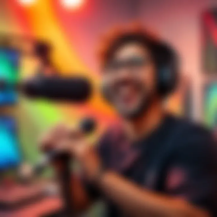 Nikotan smiling and holding a microphone, excited to return to streaming, with colorful background and streaming setup